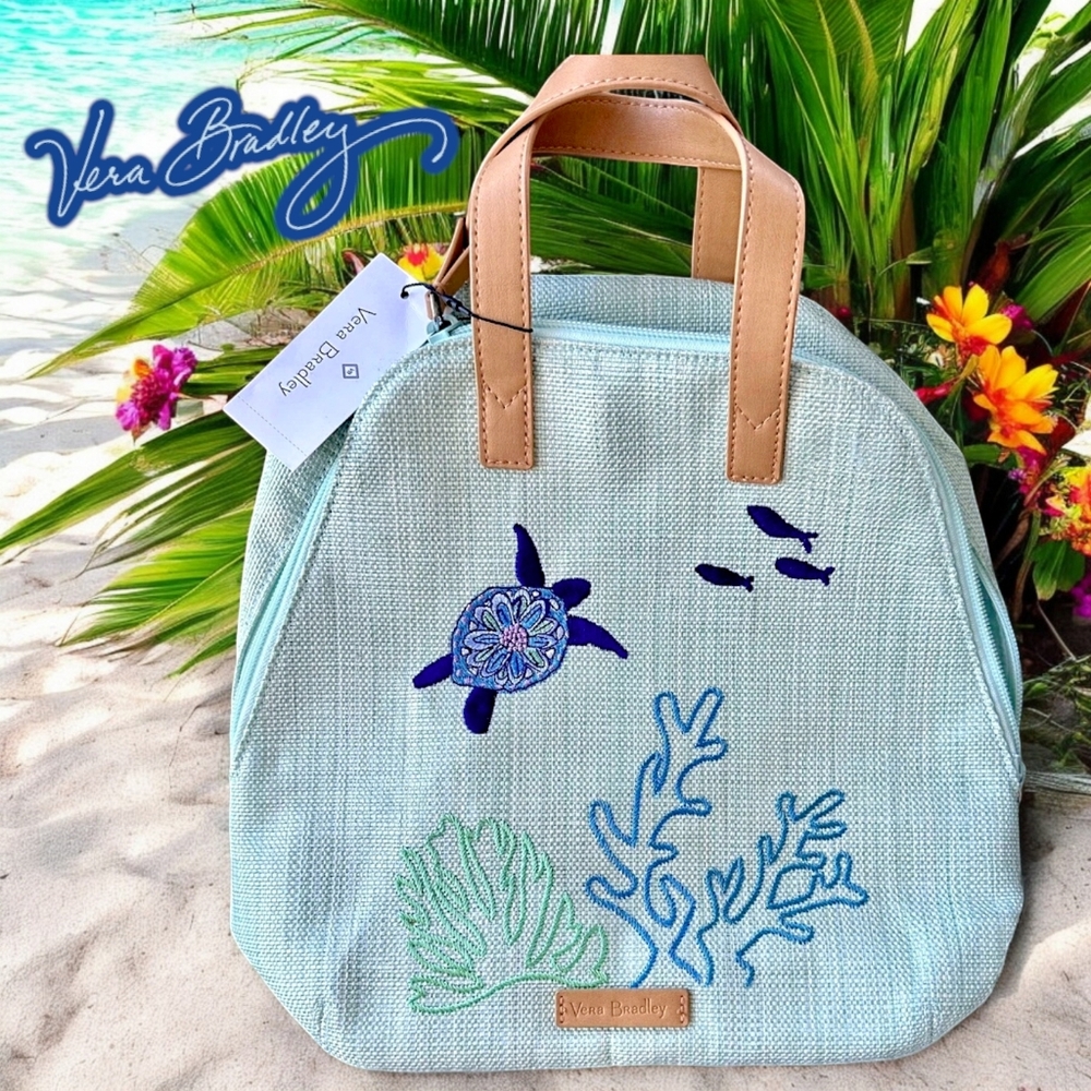 Vera Bradley Light Blue Sea Turtle Embroidered Tote with Tan Handles